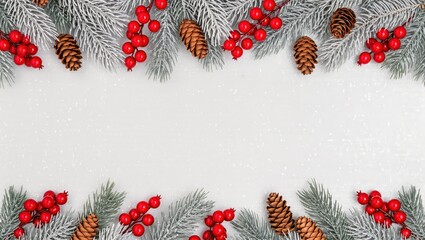 Holiday frame with red berries, pine cones and frosty pine branches on snowy background, Christmas card design