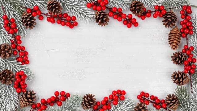 Holiday frame with red berries, pine cones and frosty pine branches on snowy background, Christmas card design