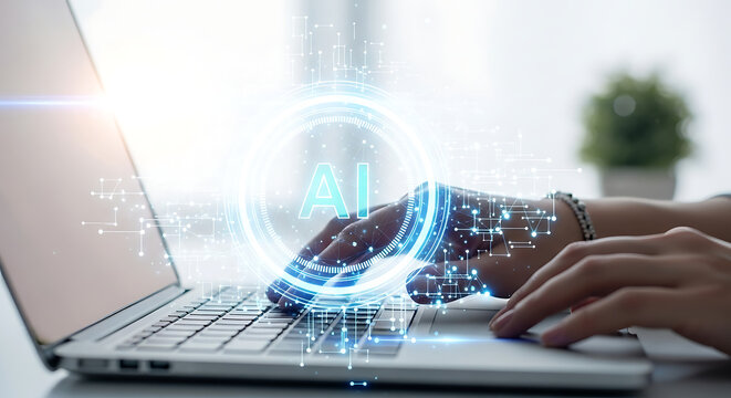 Woman using laptop with artificial intelligence technology for business development