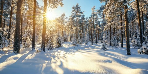 A serene winter forest with tall pine trees covered in snow, a bright sun shining through the branches, and a soft, diffused light illuminating the scene.