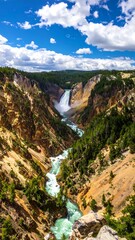 Yellowstones Grand Canyon - A Majestic Waterfall and River View.
