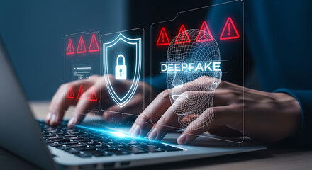 Person types on a laptop with a digital deepfake and cybersecurity concept. a person types on a keyboard with graphic overlay and warnings for fraud protection