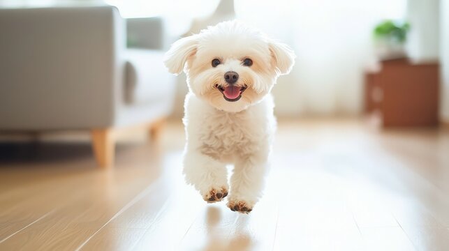 A joyful white dog plays energetically on wooden floors. 
