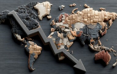 Stylized World Map Depicting Economic Downturn with Downward Arrow Textured with Fabric on Dark Background Global Financial Crisis Concept