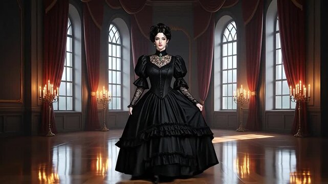 Elegant Victorian woman in black gown, AI generated fashion, timeless beauty video