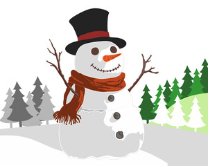 Cheerful snowman wearing a red scarf and black hat decorated with holly, standing in a snowy pine forest representing Christmas and winter holiday season