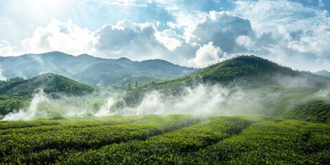 A lush green tea plantation with rolling hills, misty clouds, and a blue sky in the background.