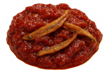 Spicy sambal ikan bilis, a traditional malaysian and indonesian chili paste with small dried fish, isolated on transparent background