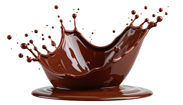Glossy chocolate splash freezes mid-air, dark liquid surface