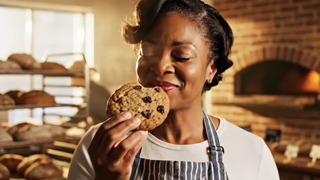 Baker Enjoying a Fresh Cookie - A close-up shot of a mature African-American woman wearing an apron enjoying a freshly baked cookie with a bite taken out of it inside a bakery.
