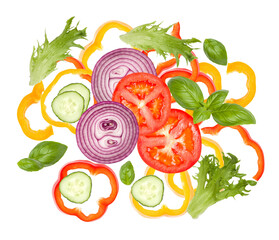 colorful vegetable salad ingredients showcasing freshness and health in a vibrant mix of peppers, onions, cucumbers, tomatoes, and basil leaves for healthy eating