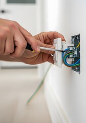 Electrical repair and installation, home improvement concept, technician fixing wall socket with screwdriver, diy project for safe wiring and maintenance