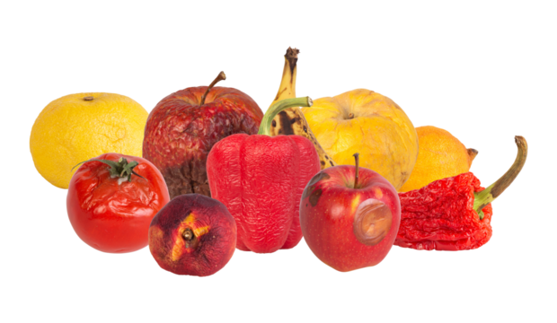 unattractive assortment of decaying fruits and vegetables highlighting decomposition and waste, ideal for environmental awareness campaigns and educational purposes