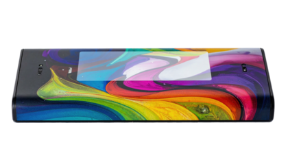 Phone with vibrant, swirling paint-like design on curved screen