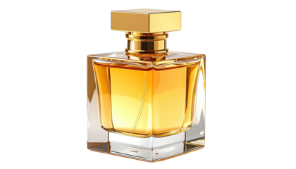 Golden liquid in a square glass perfume bottle, glossy