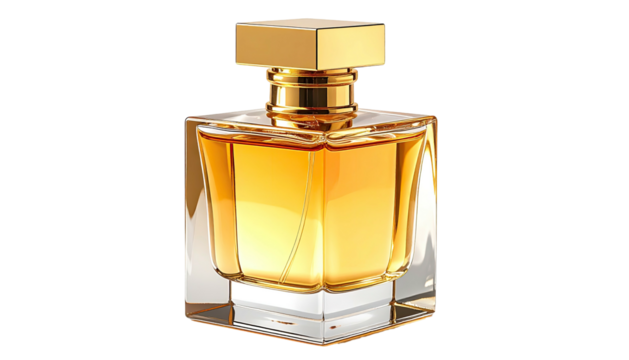 Golden liquid in a square glass perfume bottle, glossy