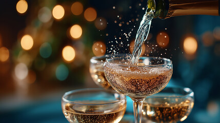 Champagne tower pour sparkles, cheers rising, wedding, champagne tower, toast, celebration, glamour, reception, party, luxury, with copy space