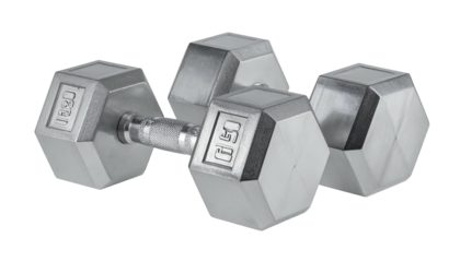 Silver dumbbell with hexagon shaped weights on black background