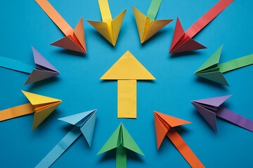 Inspiring teamwork pushing for success and growth, colorful arrows converge towards a shared objective, showing collaboration and unity in business strategy