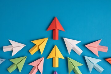 Vibrant paper airplanes soaring upward, symbolizing leadership, innovation, and a bold strategic direction for business growth and success