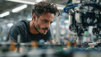 Focused male engineer adjusting advanced robotic machinery in a modern manufacturing facility with high-tech components and automation systems.
