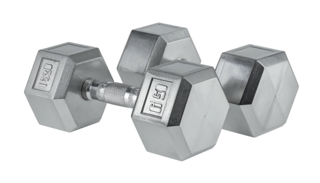 Silver dumbbell with hexagon shaped weights on black background