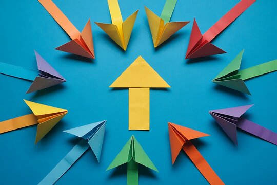 Inspiring teamwork pushing for success and growth, colorful arrows converge towards a shared objective, showing collaboration and unity in business strategy