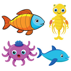 Set sea animals in cartoon style isolated on white background