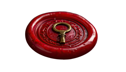 Red seal with key, antique design on black backdrop