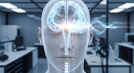 3D illustration of human head with glowing brain, symbolizing artificial intelligence, digital innovation, and neuroscience technology