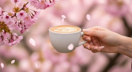 Elegant hand holding a coffee cup with latte art surrounded by soft pink cherry blossom flowers in a serene spring setting