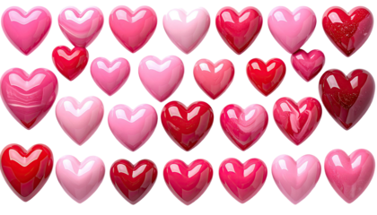 Rows of assorted pink and red glossy heart shapes on a black background