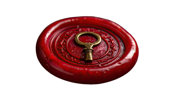 Red seal with key, antique design on black backdrop
