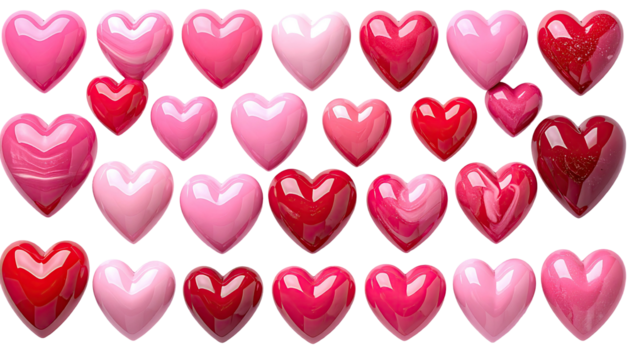 Rows of assorted pink and red glossy heart shapes on a black background