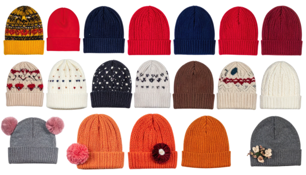 Array of colorful knit hats, pom-poms & patterns on black