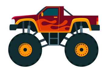 Monster truck. Bright colorful cartoon auto with big wheels. Heavy car with large tires and black tinted windows. Isolated rally 4x4 computer or mobile game