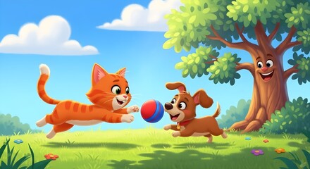 Cute cartoon cat and dog playing happily in a sunny park with green trees and blue sky background
