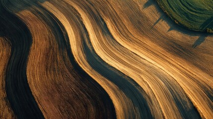Obraz premium Breathtaking Aerial View of Patterned Plowed Fields in Warm Sunlight