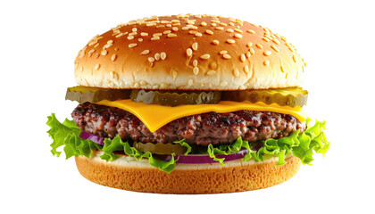 Appetizing cheeseburger with lettuce, pickles, cheese, and sesame bun