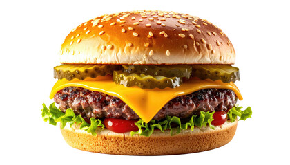 Sesame bun burger with cheese, pickles, tomato, and lettuce