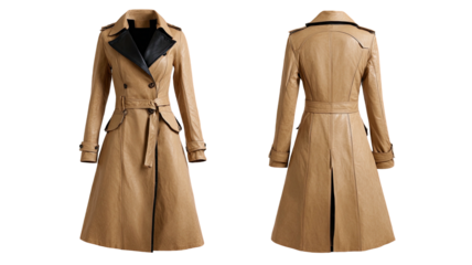 Tan trench coat with black accents, front & back views