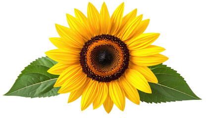 Bright, full sunflower blossom with green leaves