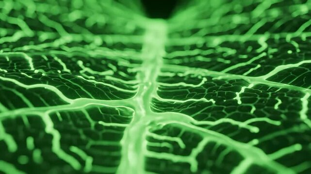 Abstract Glowing Green Veins - This macro image shows a network of glowing green veins. The veins branch out across a dark green background, creating an organic, interconnected pattern.