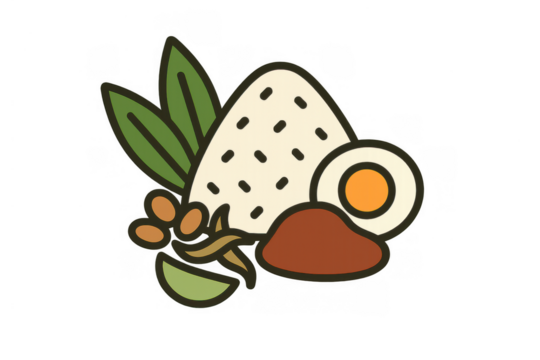 Nasi lemak icon representing malaysian national dish, coconut milk rice with sambal, egg, peanuts, and anchovies on transparent background - Powered by Adobe