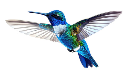 Colorful hummingbird in flight, wings spread against black background