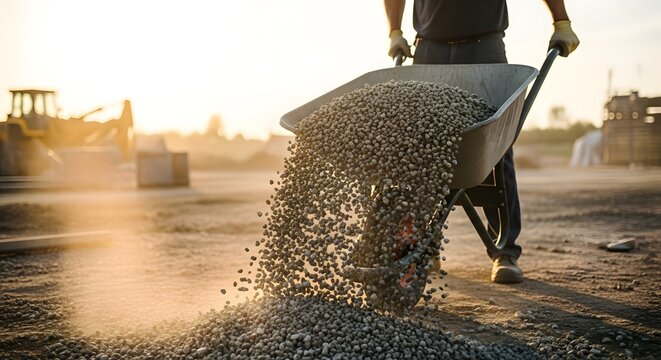 Construction worker pouring gravel from wheelbarrow at sunset industrial site for road building and infrastructure projects
