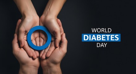 Hands holding hands and the World Diabetes Day symbol on a black background with text. Banner template for diabetes awareness, health care, and life extension. Medical awareness and support concept.