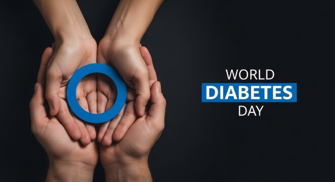 Hands holding hands and the World Diabetes Day symbol on a black background with text. Banner template for diabetes awareness, health care, and life extension. Medical awareness and support concept.