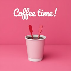  &ldquo;Coffee time&rdquo; text with pink takeaway cup on monochrome background