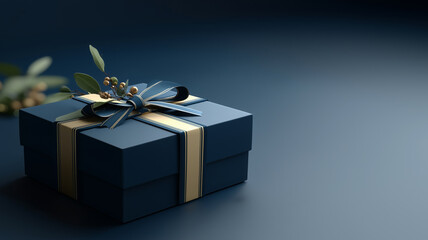 Elegant navy blue gift box with a gold ribbon on a dark background, symbolizing a luxury present, corporate gift, or holiday, with copy space for a banner.